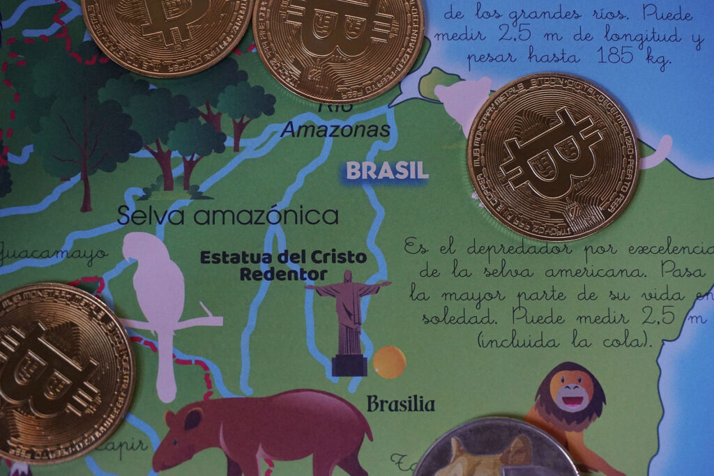 Cryptocurrency Coins Lying on Map of Brazil Ⓒ 2023 – Crypto Coin Opps