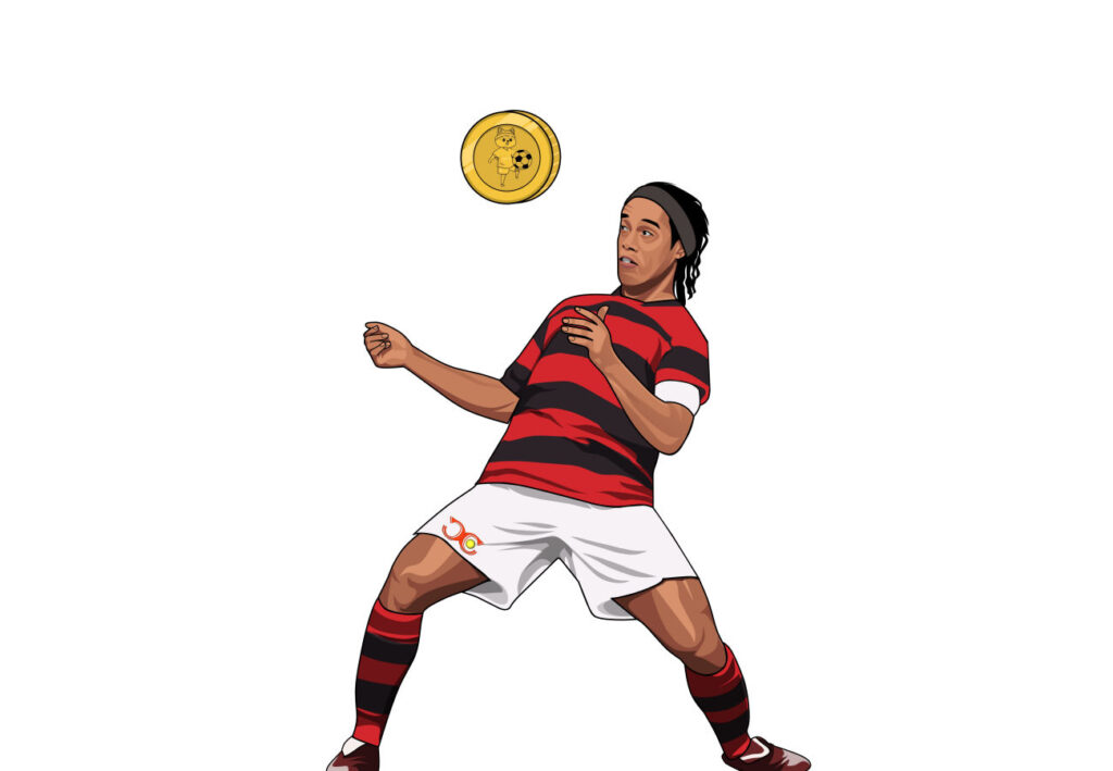 Ronaldinho Gaúcho volleying a World Inu crypto coin