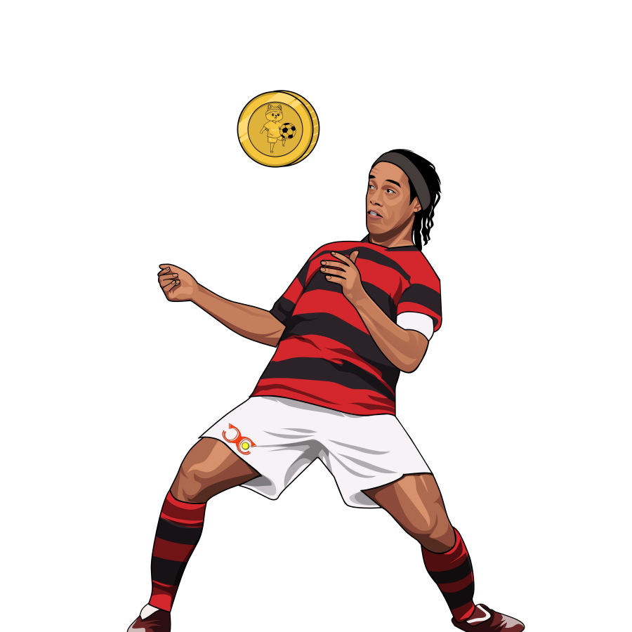 Ronaldinho Gaúcho volleying a World Inu crypto-token