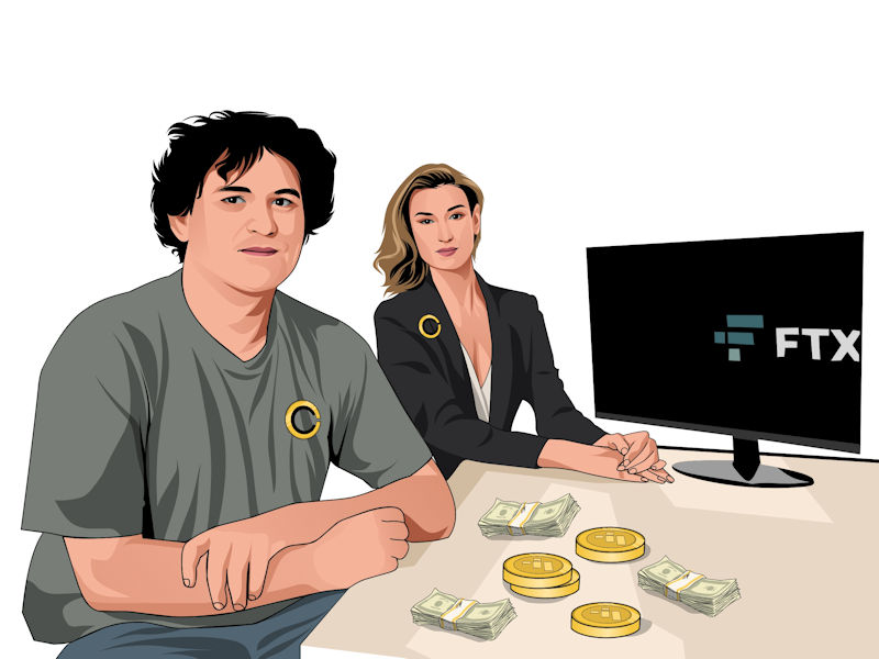 Sam Bankman-Fried Sits at Desk with Cash and FTX Crypto-coins