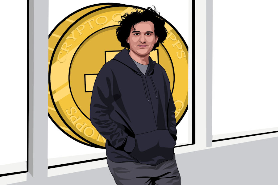 SBF Leans Back on a Glass Window, With FTT Token Outside (artwork) Ⓒ 2023 – Crypto Coin Opps