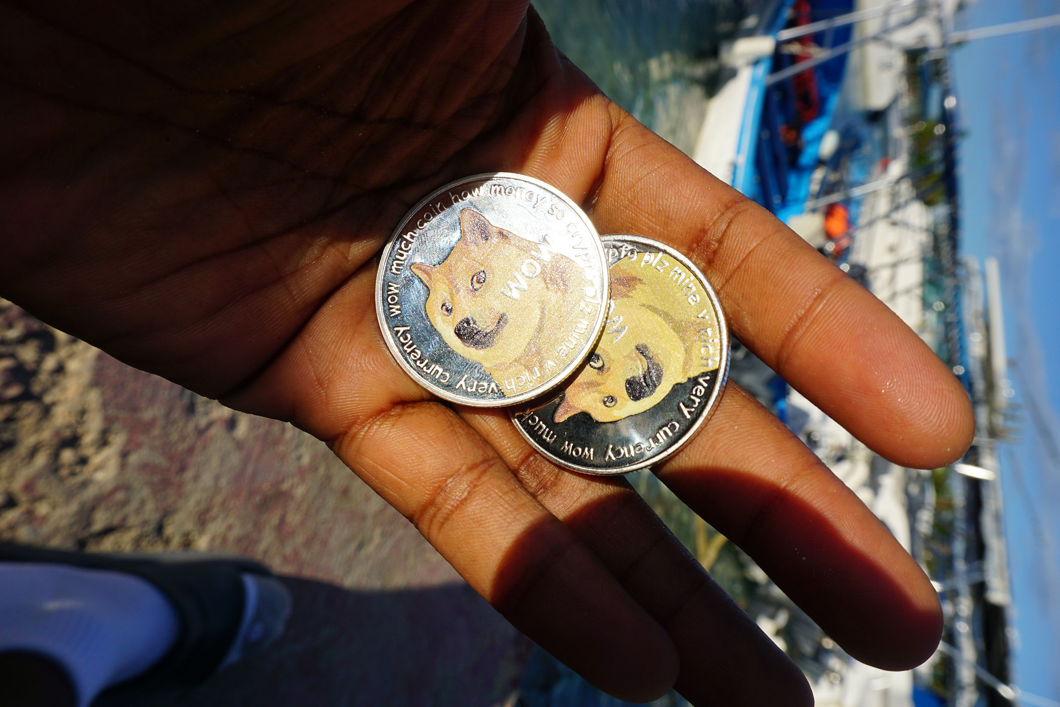 2 Dogecoin Tokens Showing Original Meme Token Artwork (logo) Ⓒ 2023 – Crypto Coin Opps