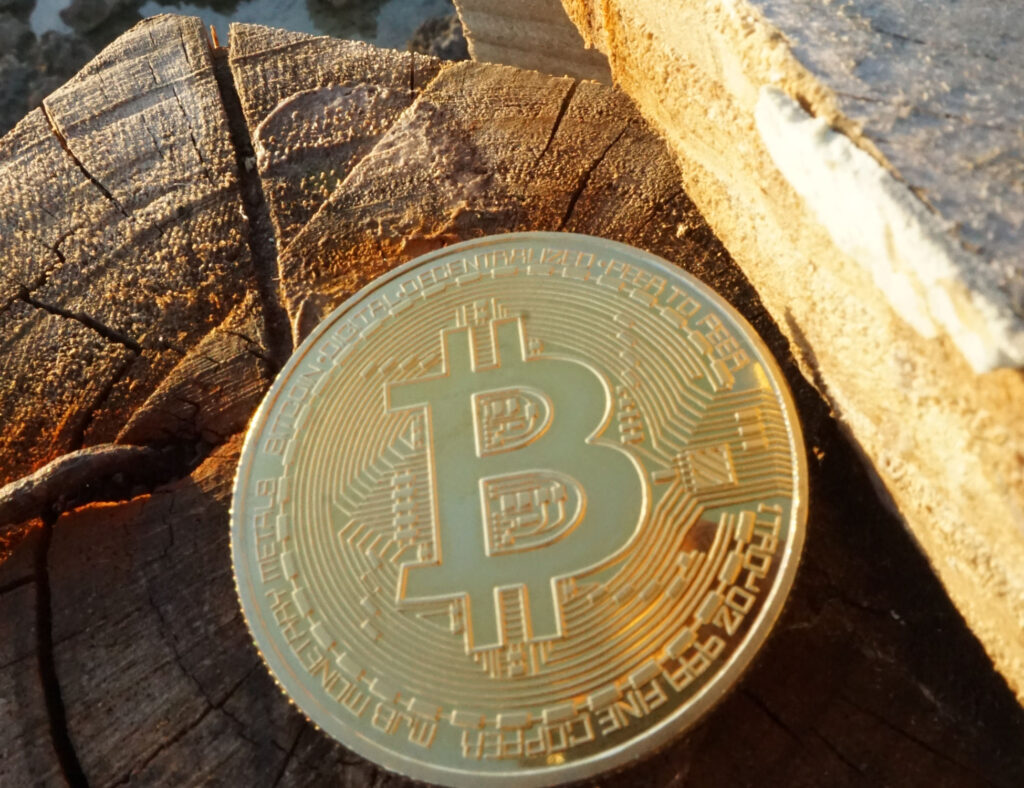 Bitcoin ($BTC) Token on Wood Post
