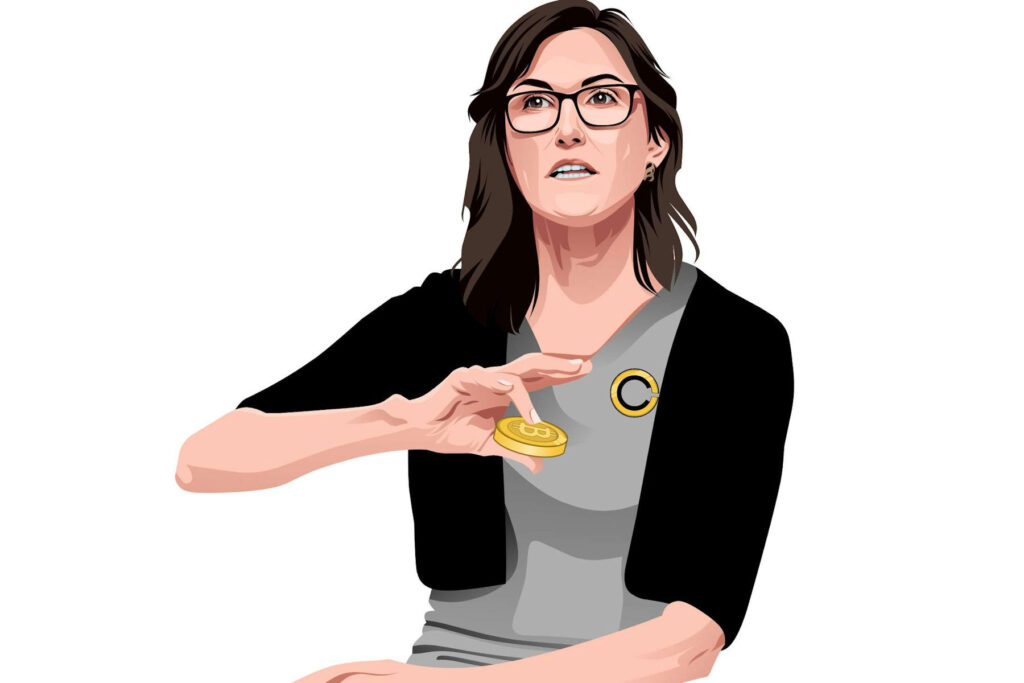 Cathie Woods Holding a Bitcoin ($BTC) Token In her Hand (artwork) Ⓒ 2023 – Crypto Coin Opps