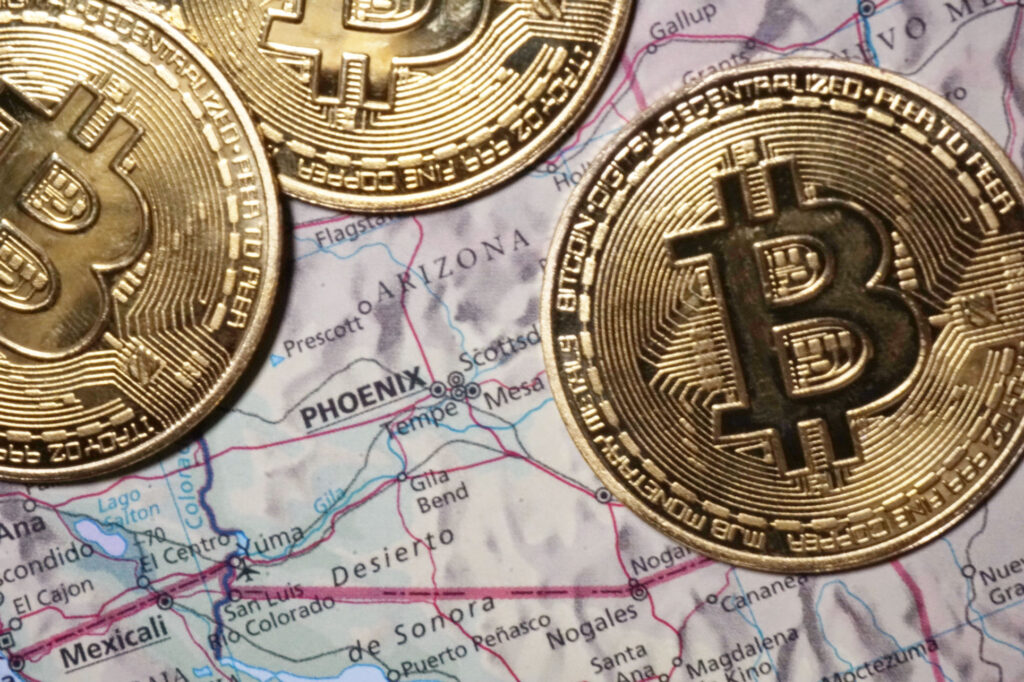 Real Bitcoin tokens on Arizona (US) map print Ⓒ 2023 – Crypto Coin Opps