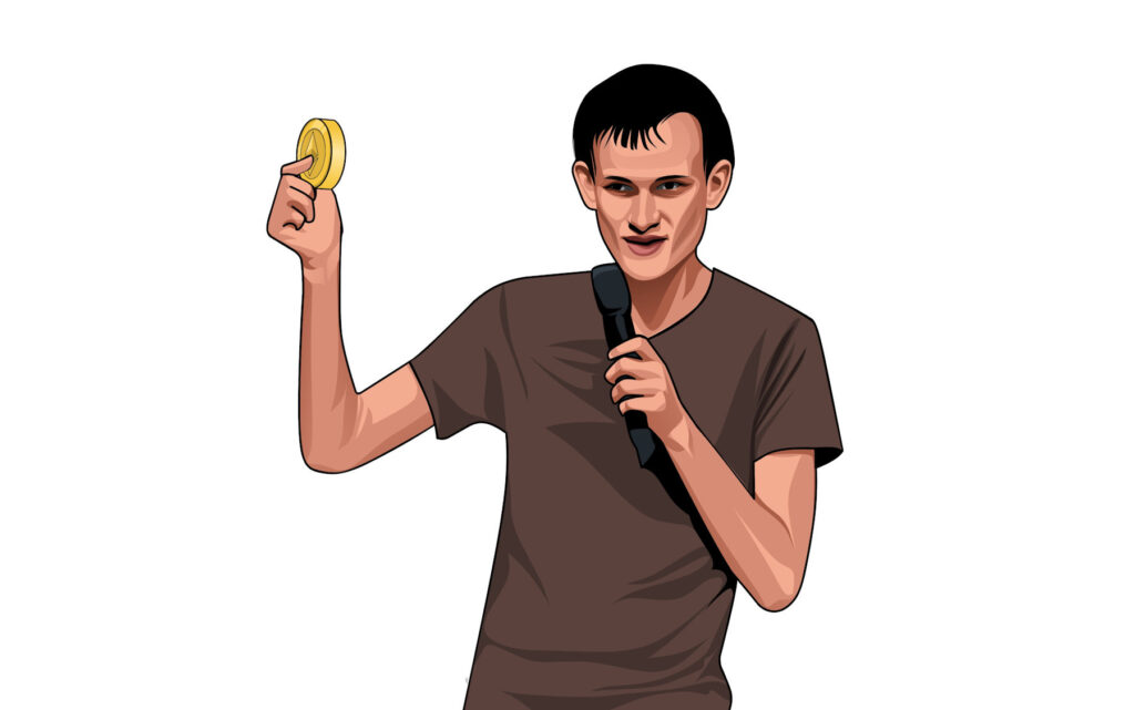 Vitalik Buterin Speaking While Holding An Ethereum Token in Hand (artwork)