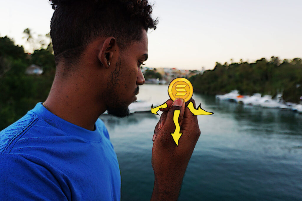 Young Black man holds downward falling Sol Token (mixed media artwork) Ⓒ 2023 – Crypto Coin Opps