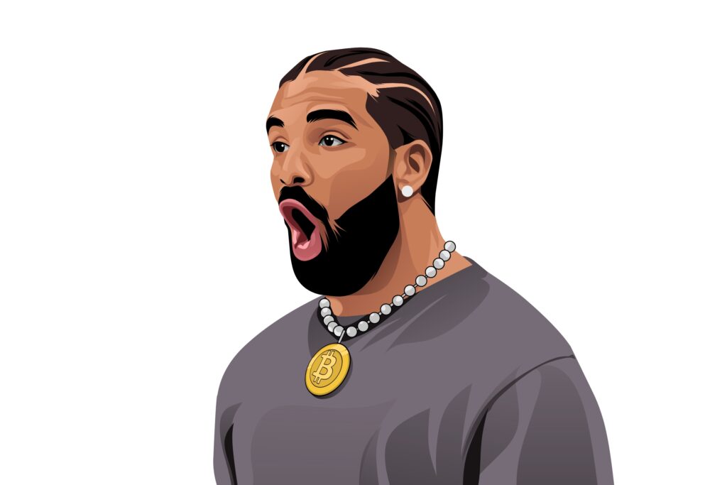 Drake Looking Surprised With Bitcoin Pendant On Diamond Chain Ⓒ 2023 – Crypto Coin Opps