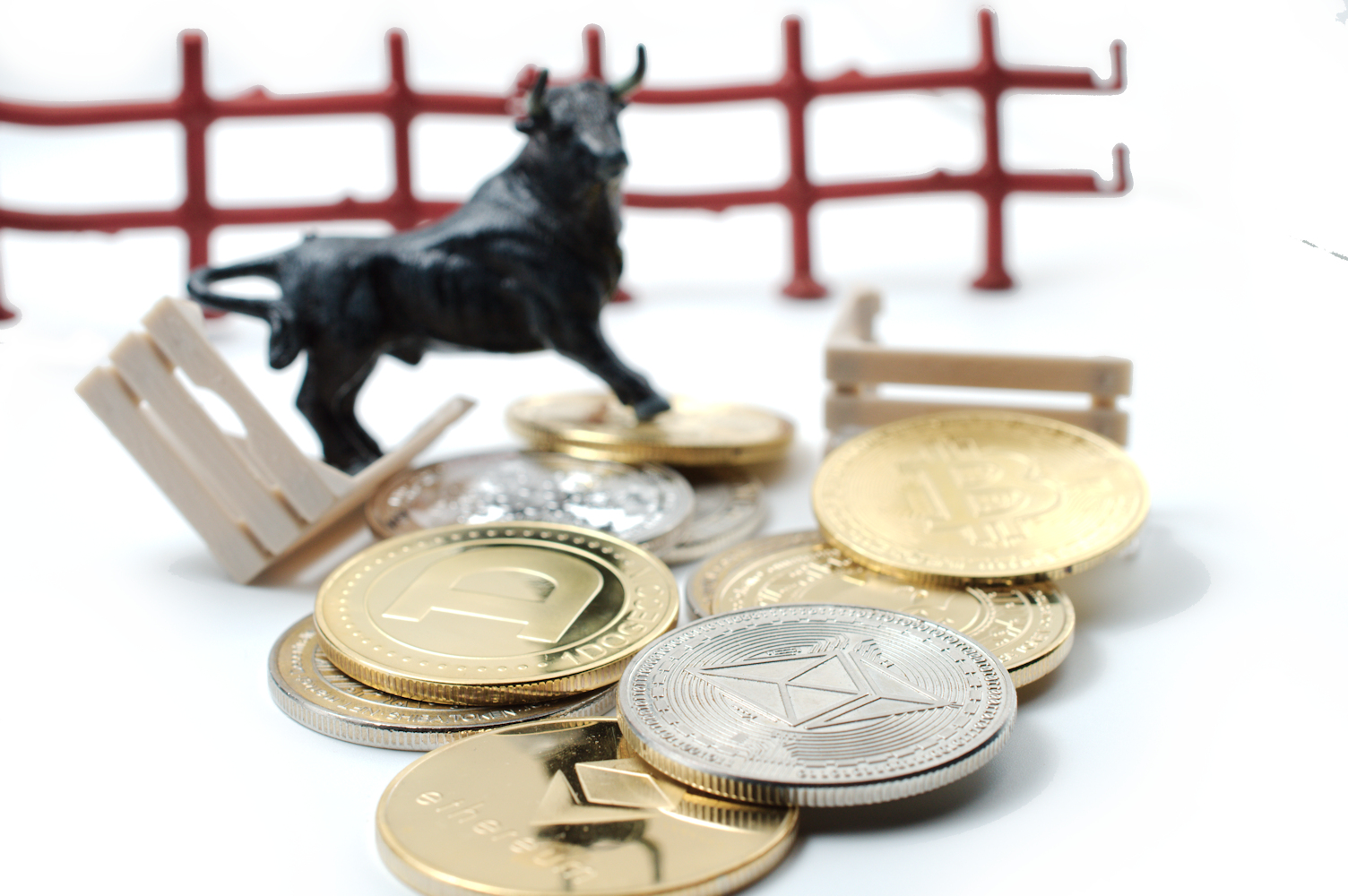 Cryptocurrencies With A Bull Standing in Background Ⓒ 2023 – Crypto Coin Opps