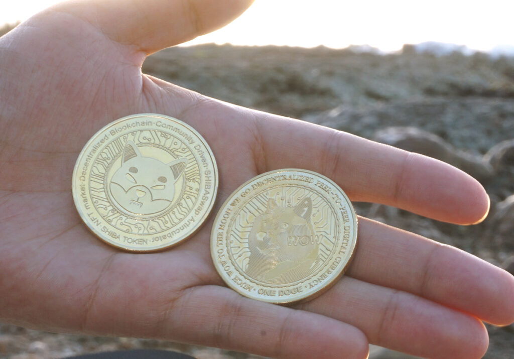 Shiba Inu & Dogecoin Meme Tokens In Girl's Hand Ⓒ 2023 – Crypto Coin Opps