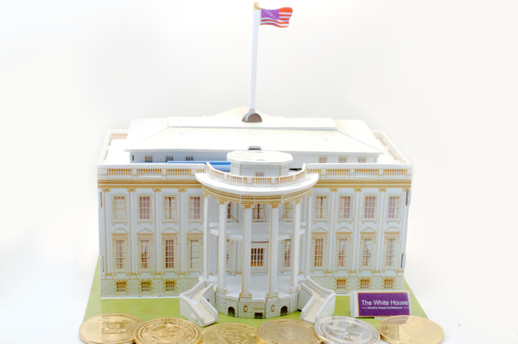Cryptocurrency In Front of White House Figurine