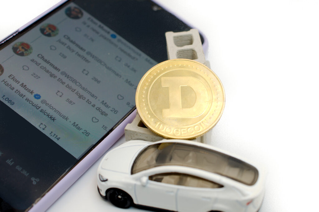 Dogecoin With Tesla Car and Elon Musk weet on Twitter Logo's Change Ⓒ 2023 – Crypto Coin Opps