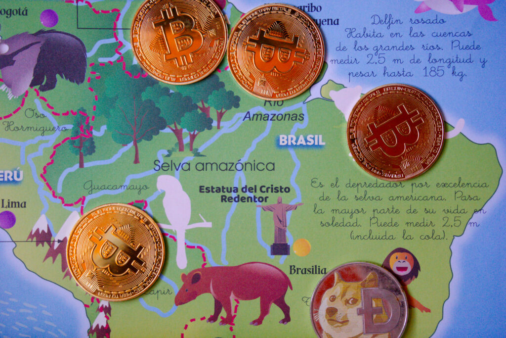 Crypto-coins over a Map of Brazil Ⓒ 2023 – Crypto Coin Opps